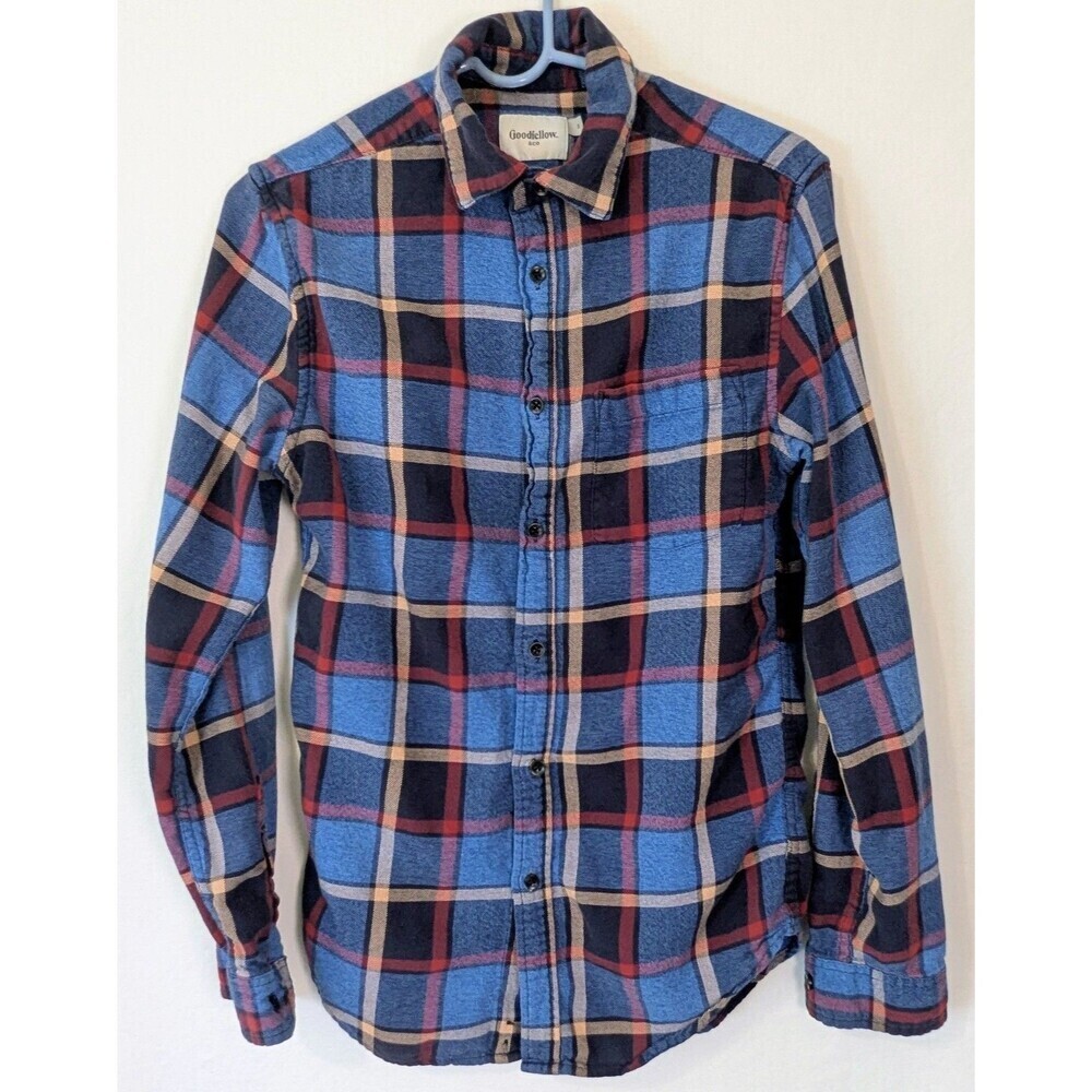 Goodfellow & Co Men's Small Blue Plaid Flannel Shirt 100% Cotton Long Sleeve